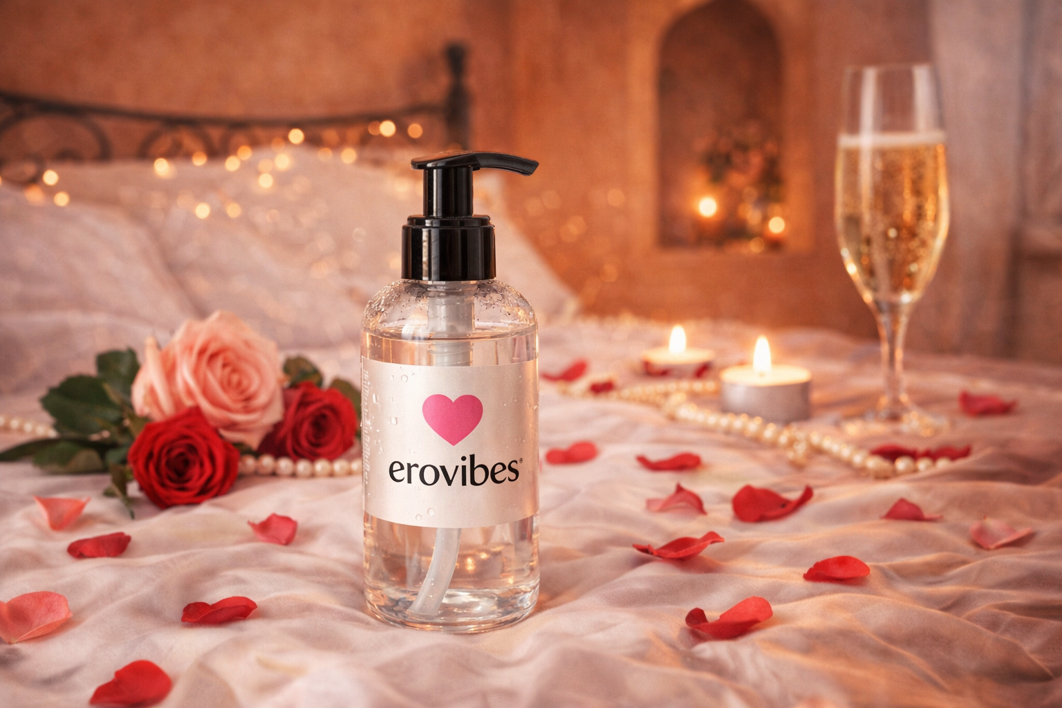 Lubricante Erovibes sobre una cama romántica con pétalos de rosa, velas y una copa de cava.